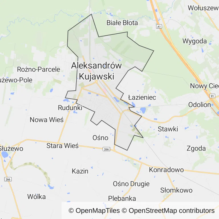 Mapa z zaznaczonym Aleksandrowie Kujawskim