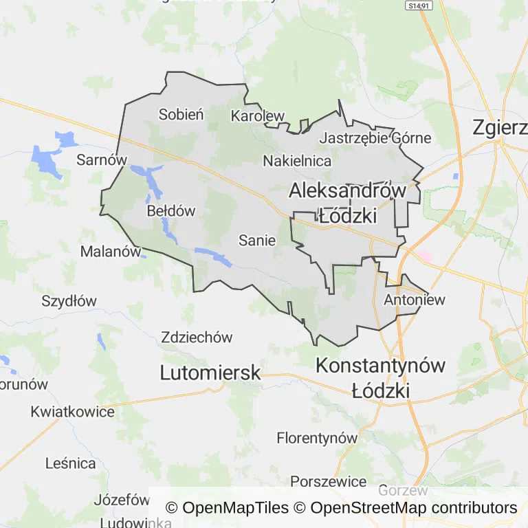 Mapa z zaznaczonym Aleksandrowie Łódzkim
