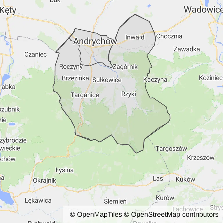 Mapa z zaznaczonym Andrychowem