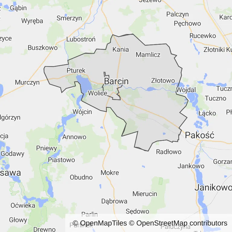 Mapa z zaznaczonym Barcinem