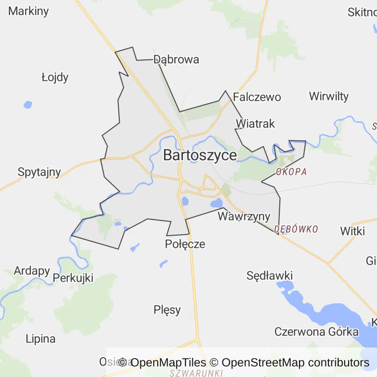 Mapa z zaznaczonymi Bartoszycami