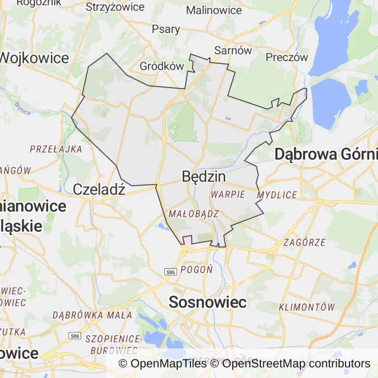 Mapa z zaznaczonym Będzinem