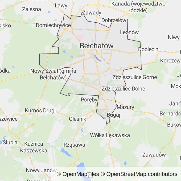 Mapa z zaznaczonym Bełchatowem