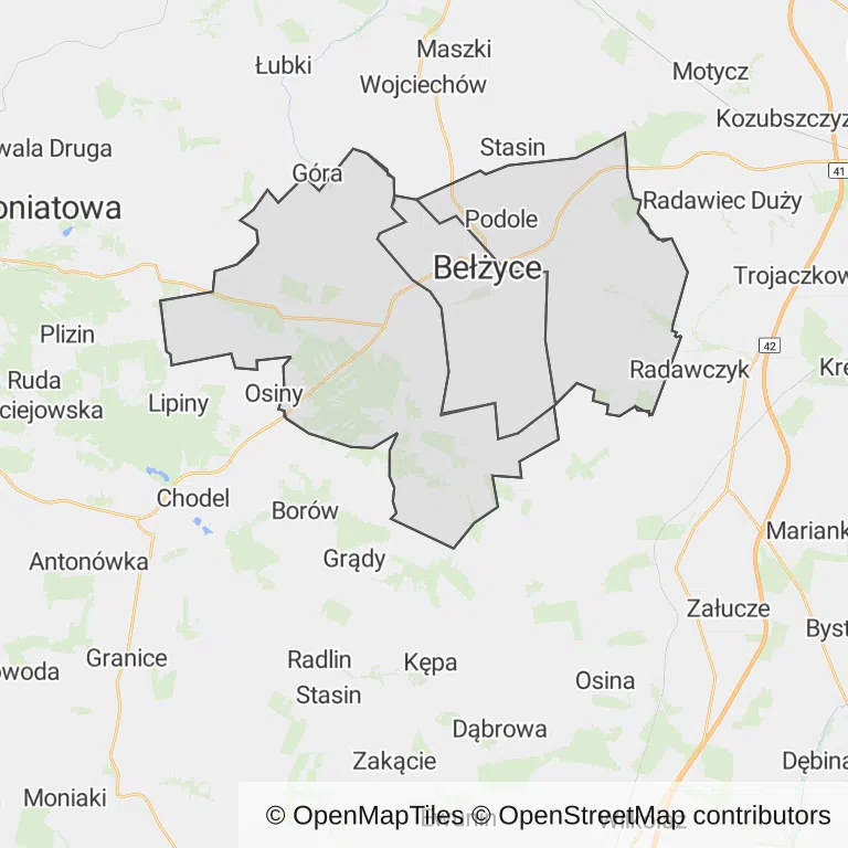 Mapa z zaznaczonymi Bełżycami