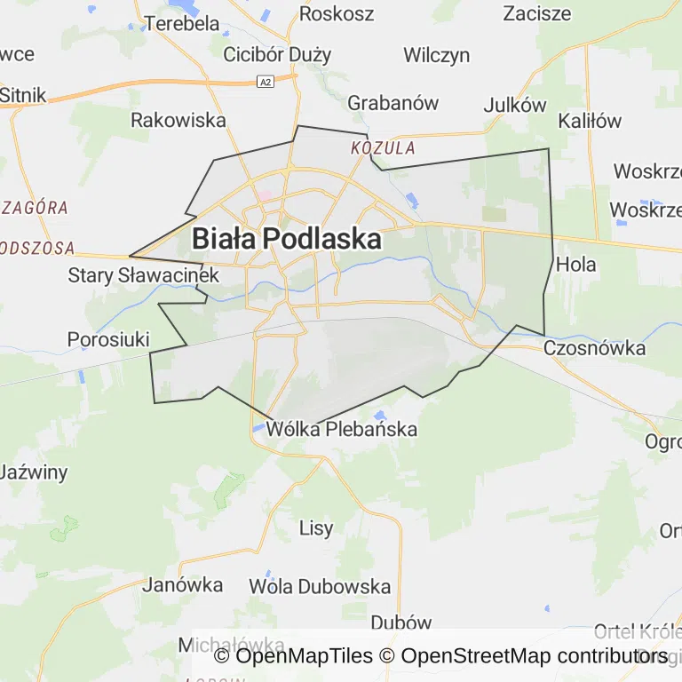 Mapa z zaznaczoną Białej Podlaskiej