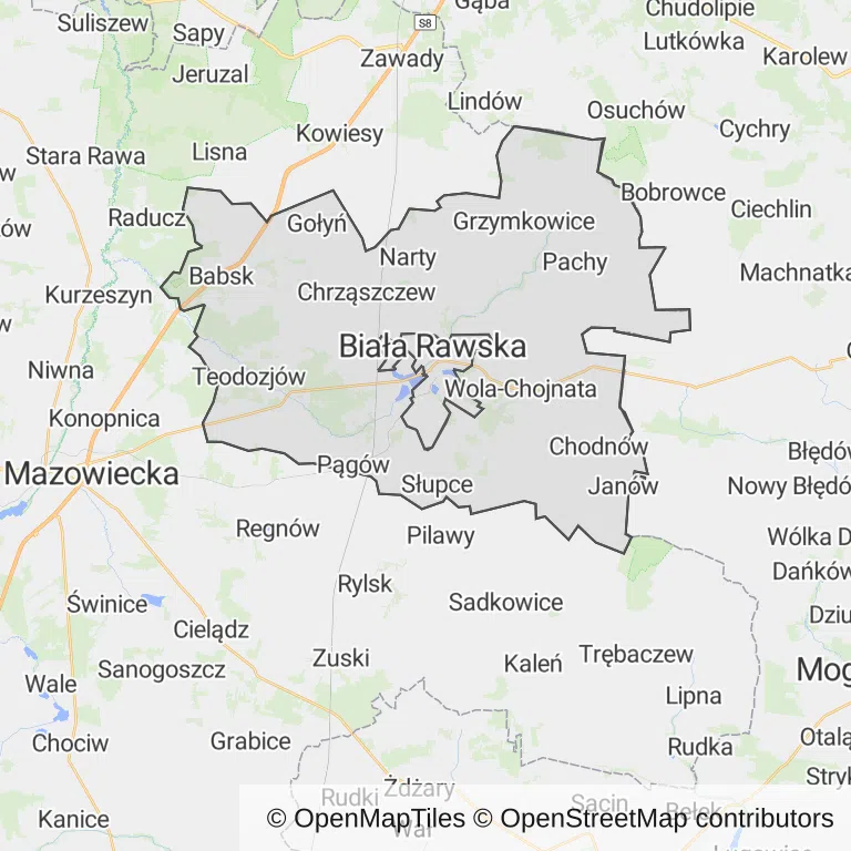 Mapa z zaznaczoną Białej Rawskiej