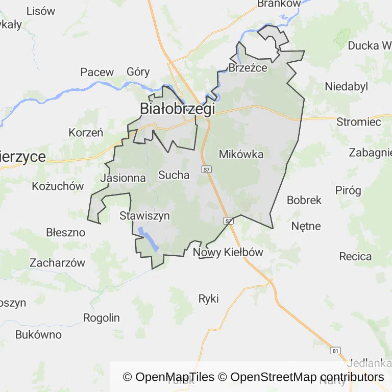 Mapa z zaznaczonym Białobrzegami