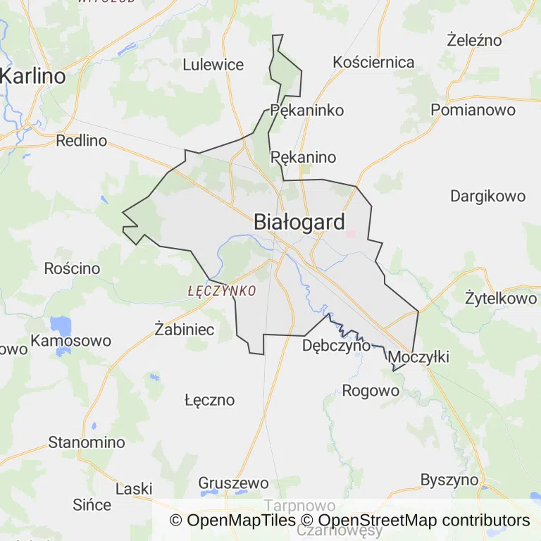 Mapa z zaznaczonym Białogardzem