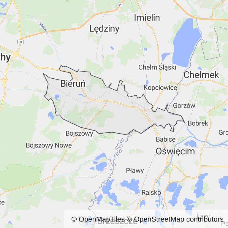 Mapa z zaznaczonym Bieruniu