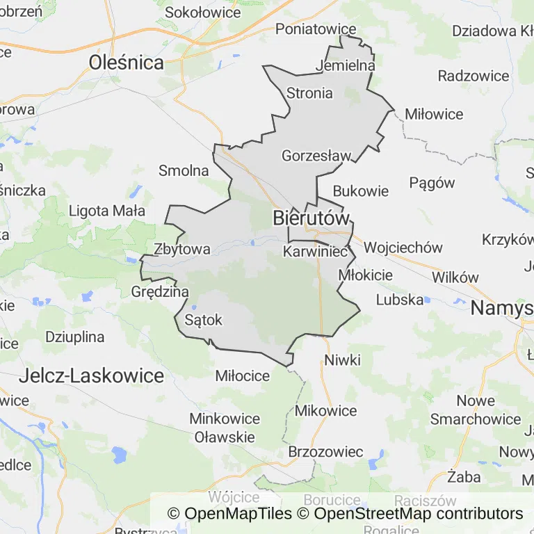 Mapa z zaznaczonym Bierutowem