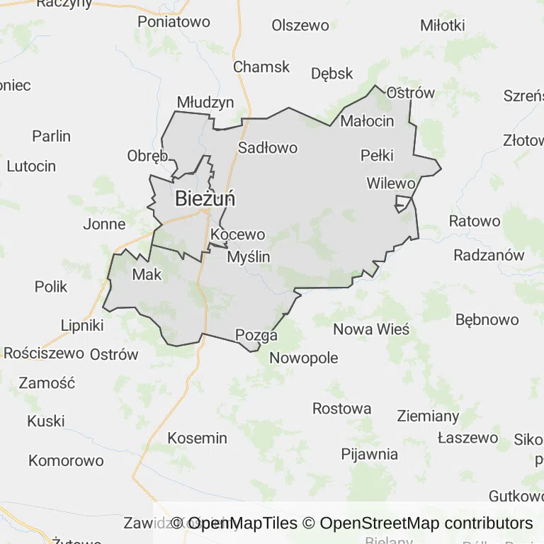 Mapa z zaznaczonym Bieżuniu