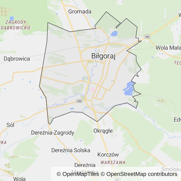 Mapa z zaznaczonym Biłgoraju