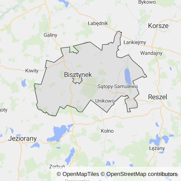 Mapa z zaznaczonym Bisztynkiem