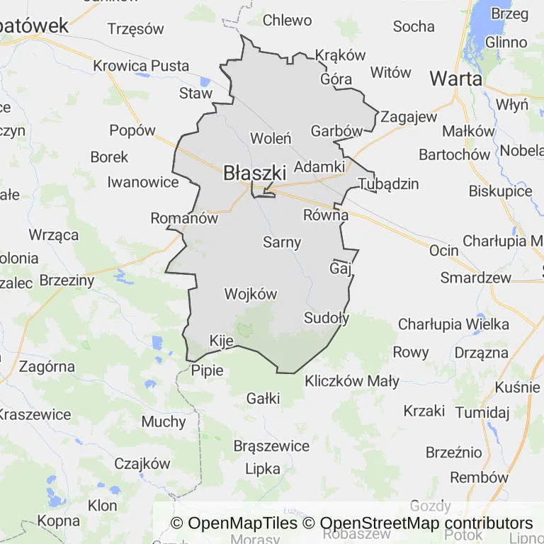 Mapa z zaznaczonym Błaszkami
