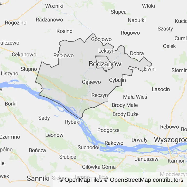 Mapa z zaznaczonym Bodzanowem
