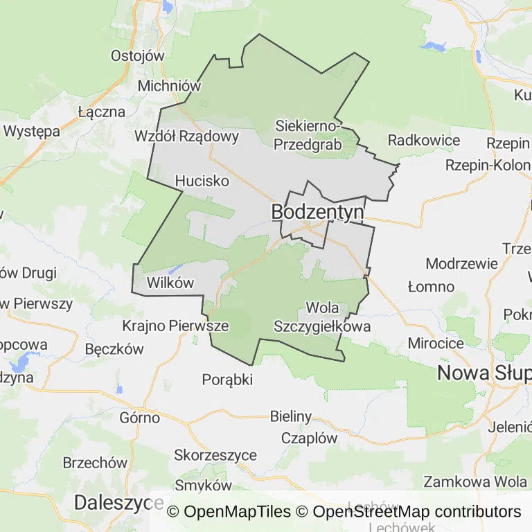 Mapa z zaznaczonym Bodzentynem