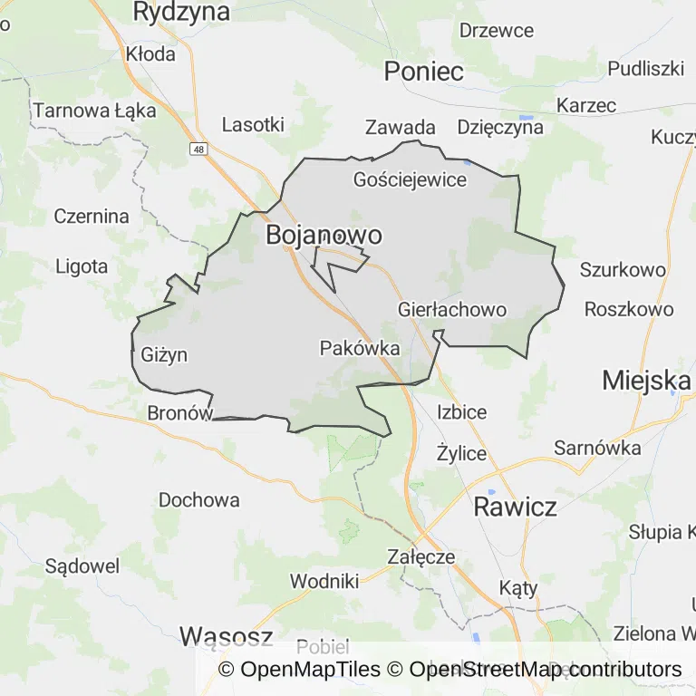 Mapa z zaznaczonym Bojanowem