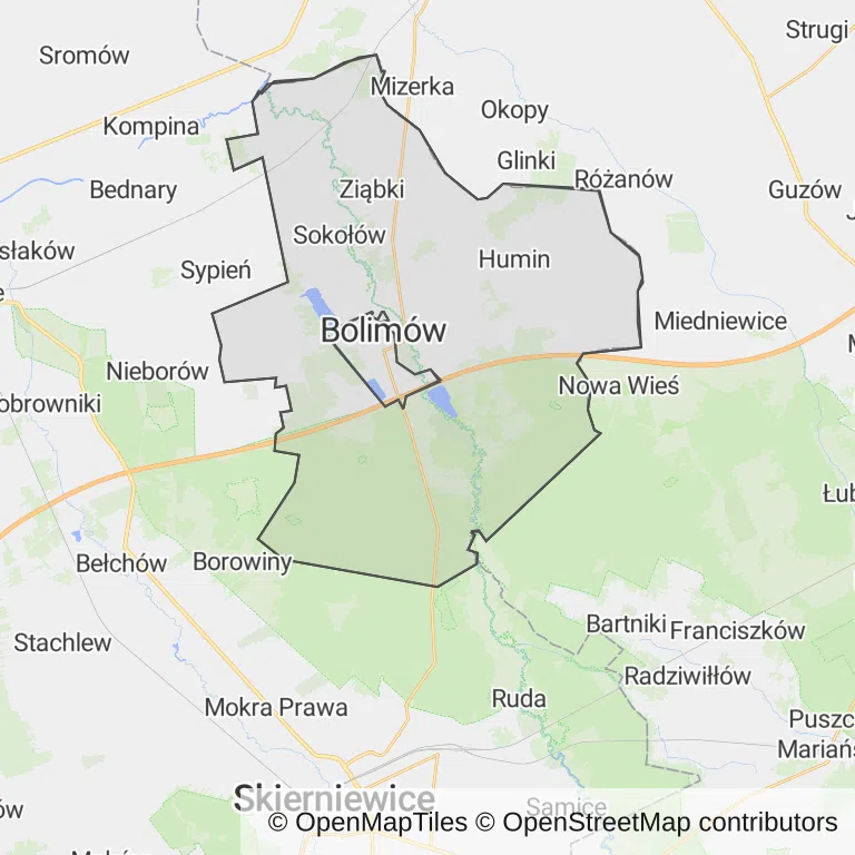 Mapa z zaznaczonym Bolimowem