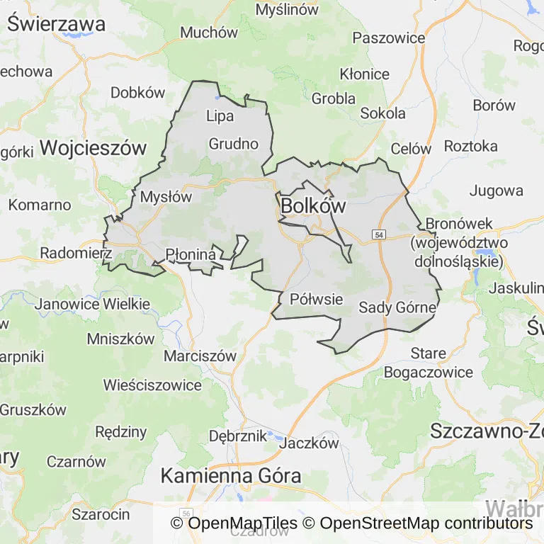 Mapa z zaznaczonym Bolkowem