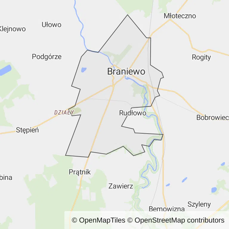 Mapa z zaznaczonym Braniewem