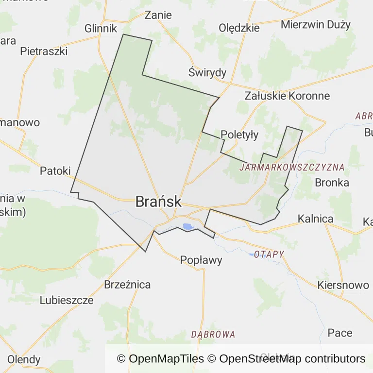 Mapa z zaznaczonym Brańskiem
