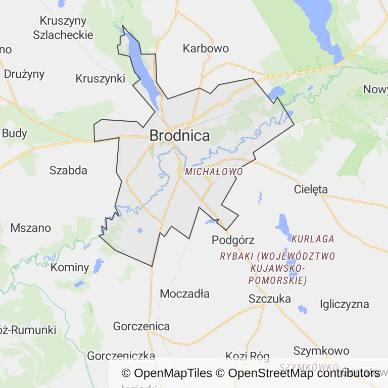 Mapa z zaznaczonym Brodnicy