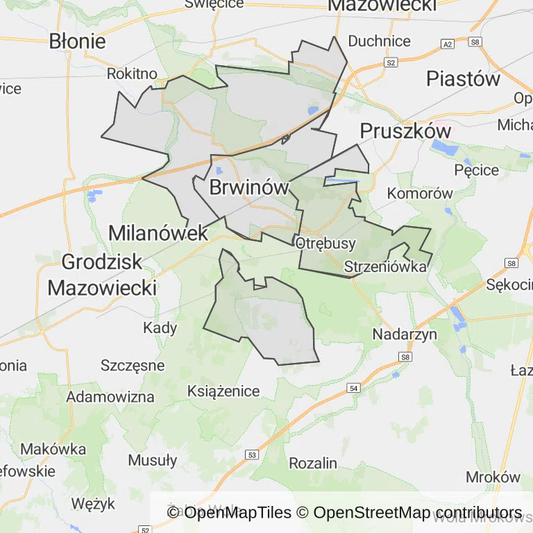 Mapa z zaznaczonym Brwinowem