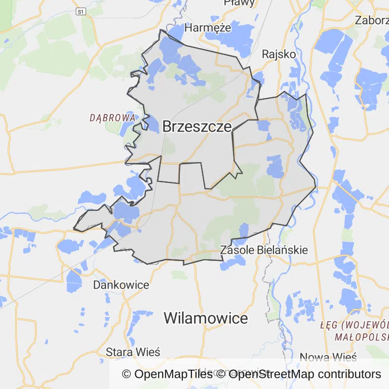 Mapa z zaznaczonym Brzeszczami