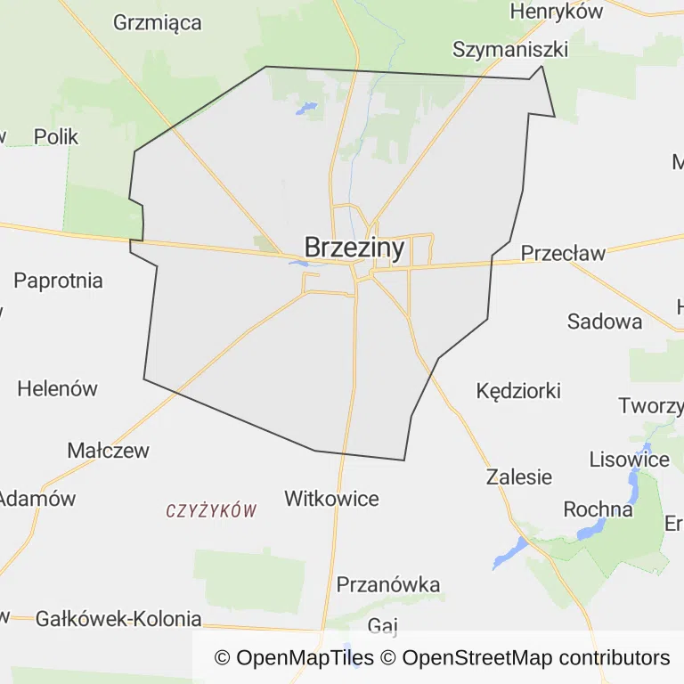 Mapa z zaznaczonym Brzezinami