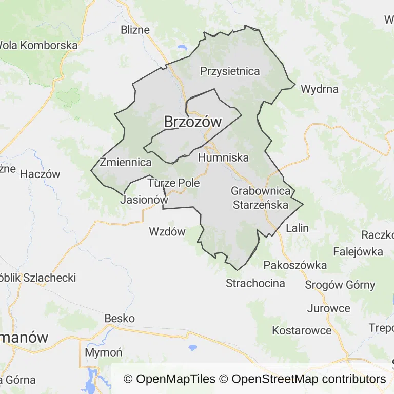 Mapa z zaznaczonym Brzozowem
