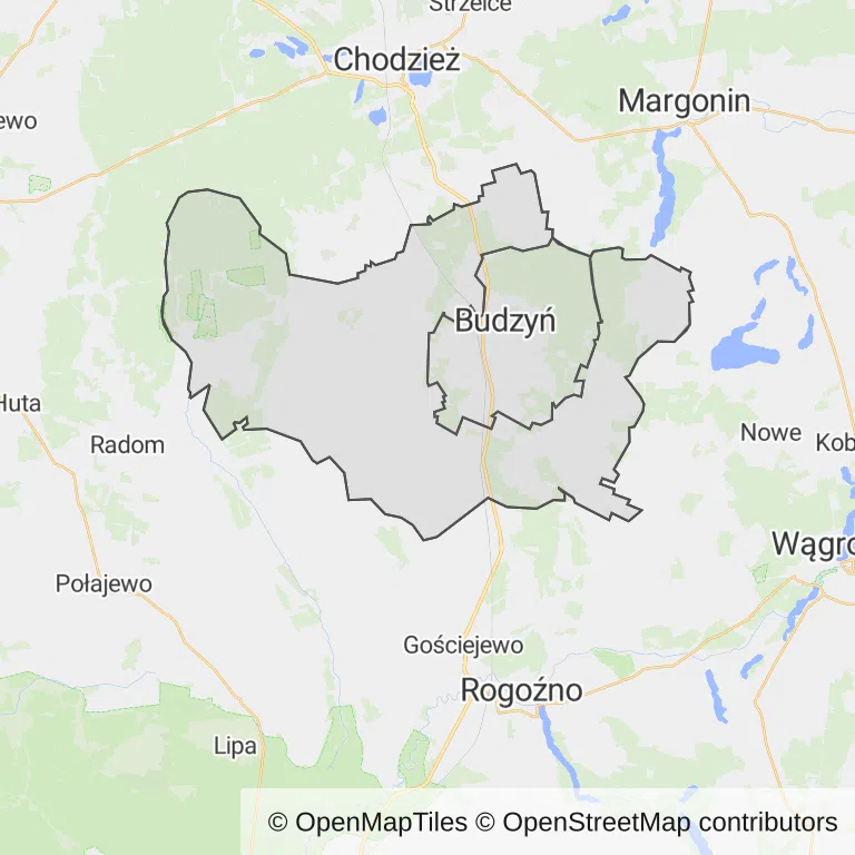 Mapa z zaznaczonym Budzyniu