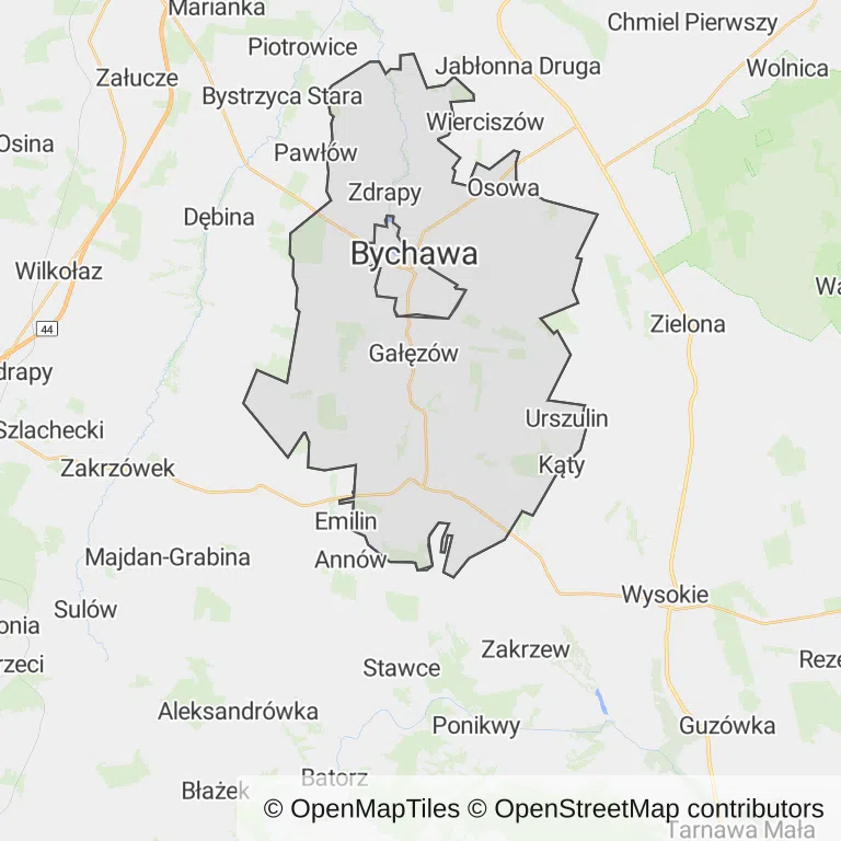 Mapa z zaznaczoną Bychawem