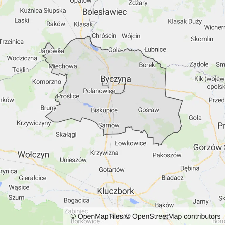 Mapa z zaznaczoną Byczynem