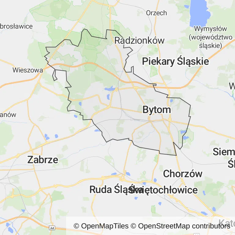 Mapa z zaznaczonym Bytomiem