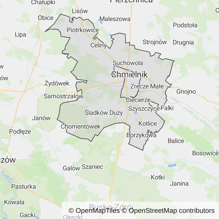 Mapa z zaznaczonym Chmielnikiem
