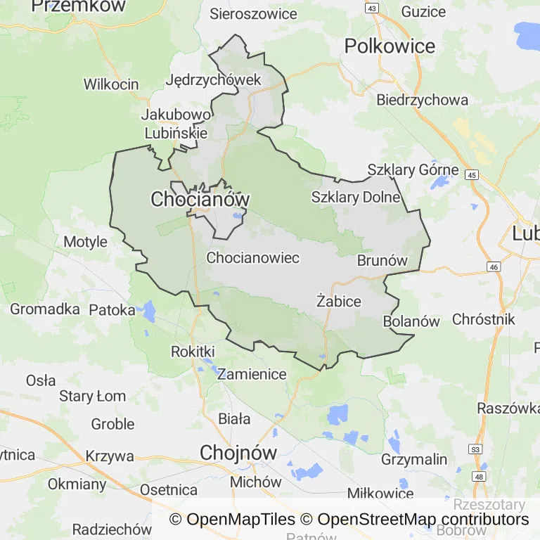 Mapa z zaznaczonym Chocianowem