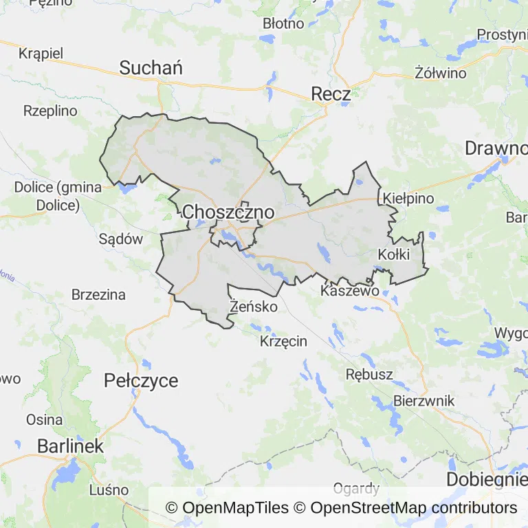 Mapa z zaznaczonym Choszcznem