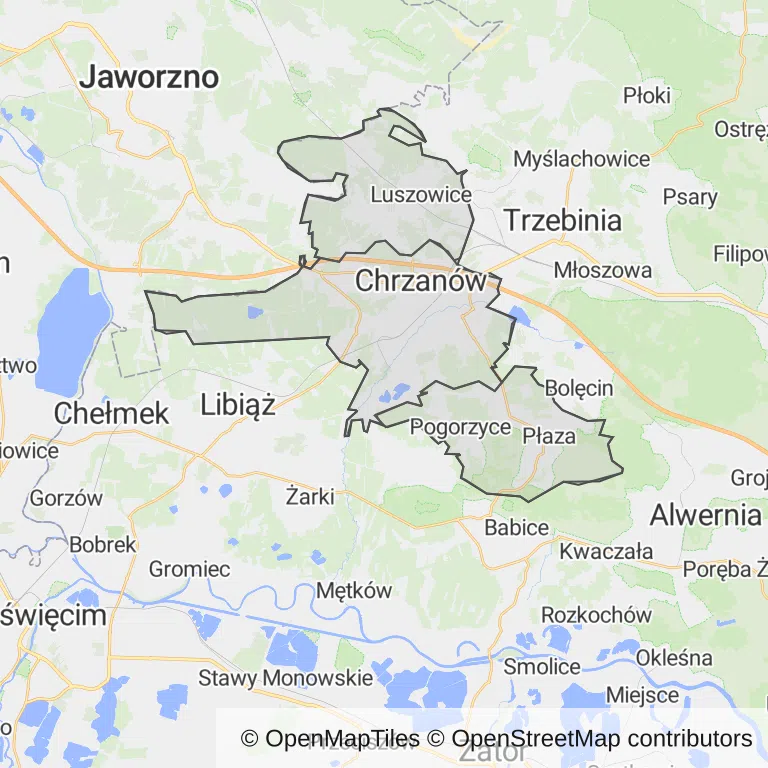 Mapa z zaznaczonym Chrzanowem
