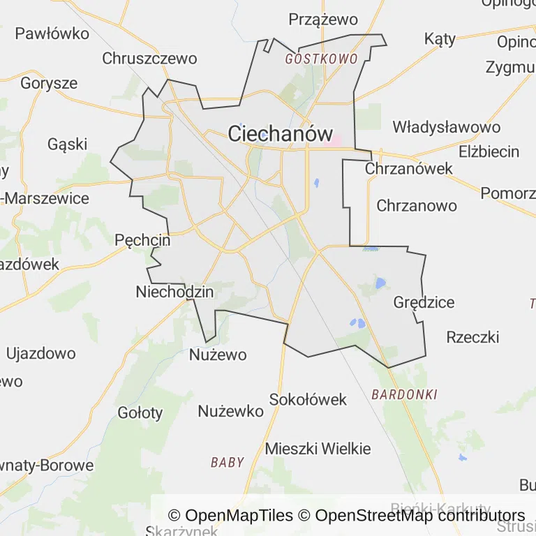 Mapa z zaznaczonym Ciechanowem