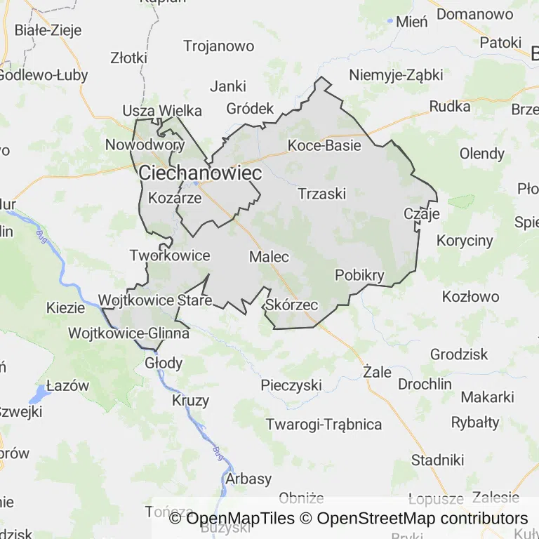 Mapa z zaznaczonym Ciechanowcu