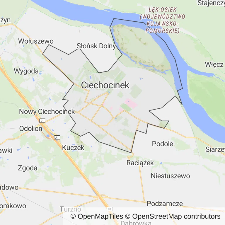 Mapa z zaznaczonym Ciechocinkiem