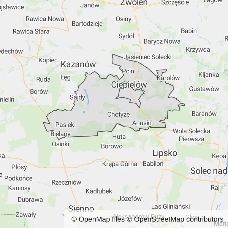 Mapa z zaznaczonym Ciepielowem