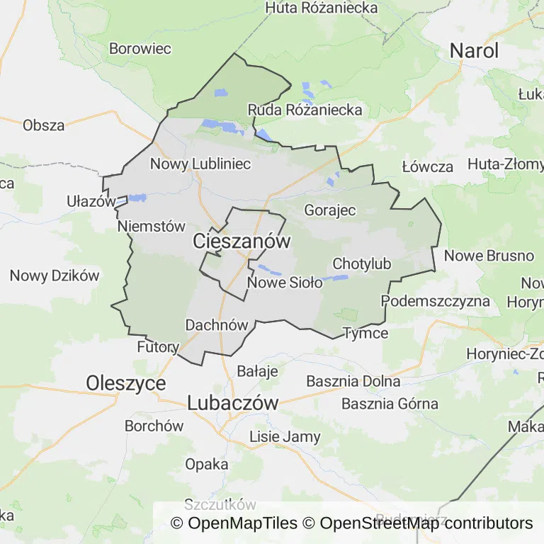Mapa z zaznaczonym Cieszanowem