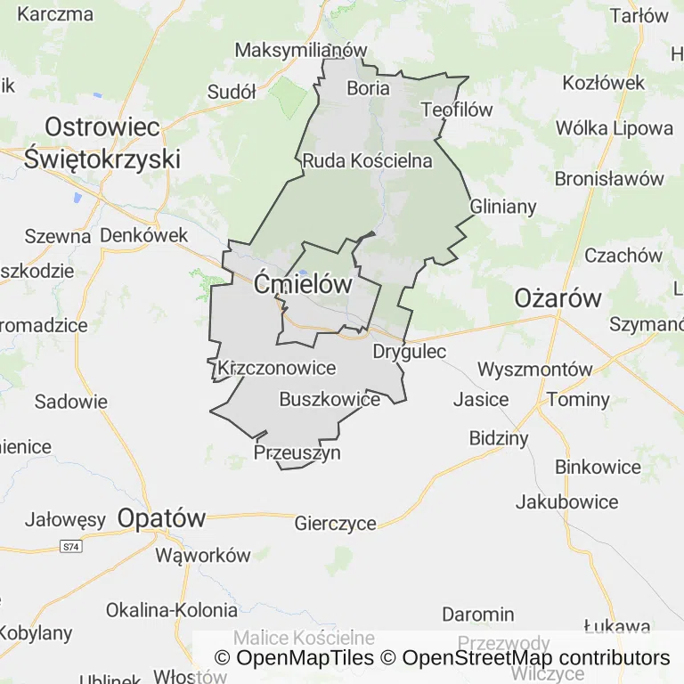 Mapa z zaznaczonym Ćmielowem