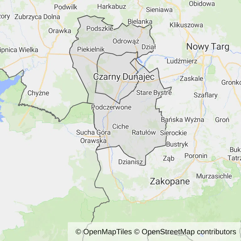 Mapa z zaznaczonym Czarnym Dunajcu