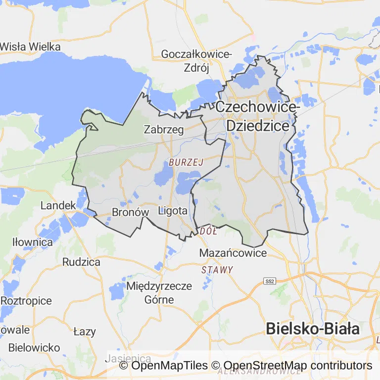 Mapa z zaznaczonymi Czechowicach-Dziedzicami