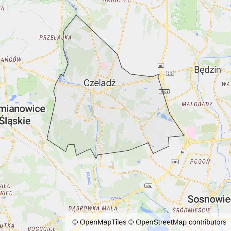 Mapa z zaznaczonym Czeladzi