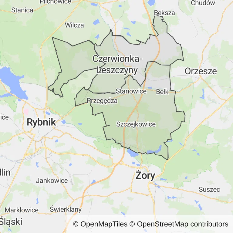 Mapa z zaznaczonym Czerwionce-Leszczynami