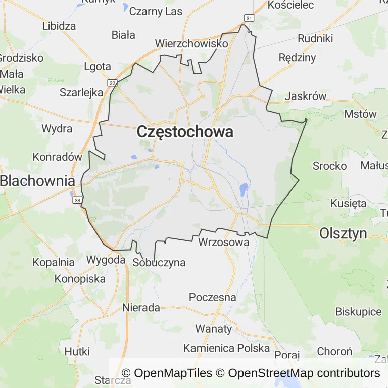 Mapa z zaznaczoną Częstochową