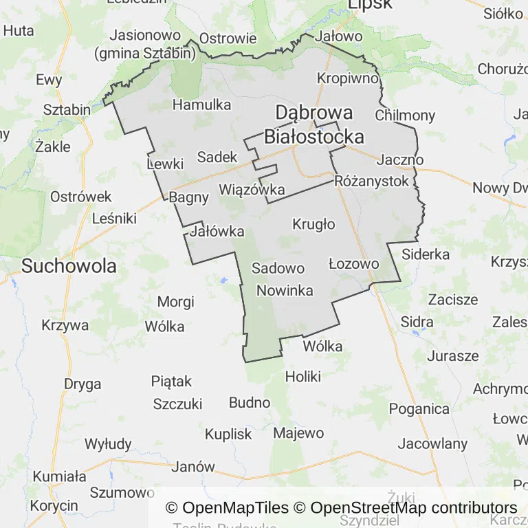 Mapa z zaznaczoną Dąbrowie Białostockiej